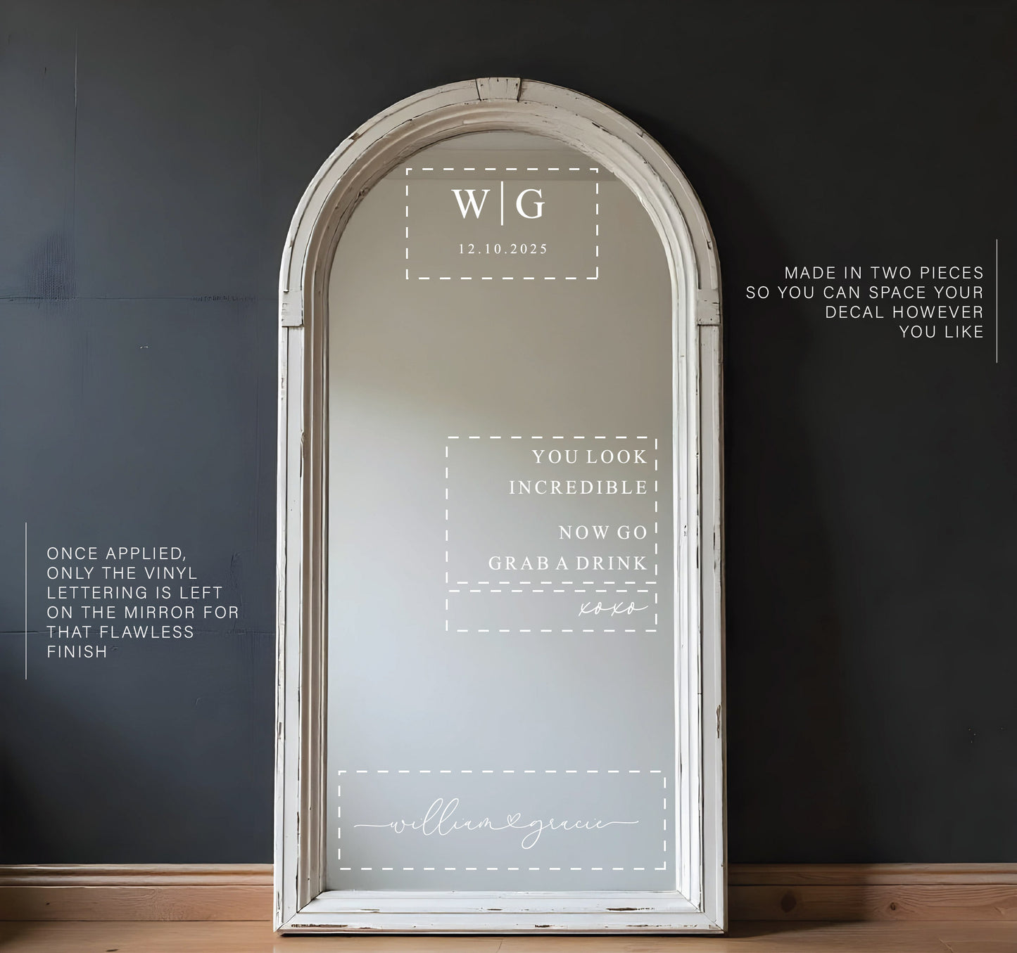 Wedding mirror decal with custom monogram and “You Look Incredible” quote on arched mirror