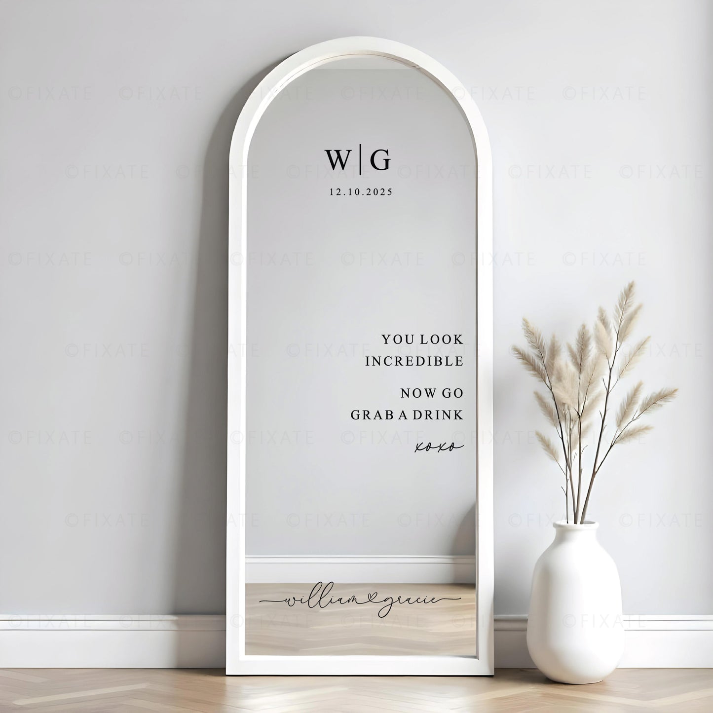 Wedding mirror decal with custom monogram and “You Look Incredible” quote on arched mirror