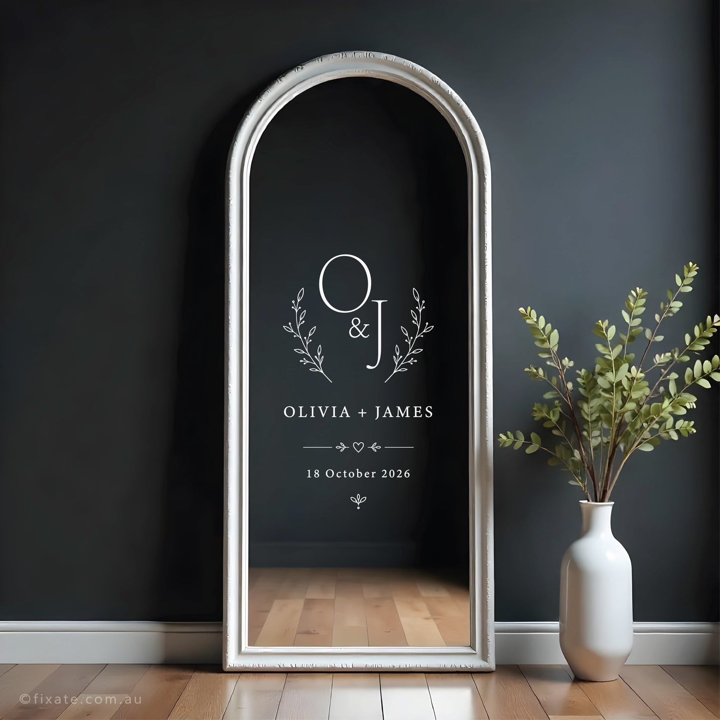 Custom wedding mirror sign decal with monogram wreath, heart accent, names and date for wedding decor