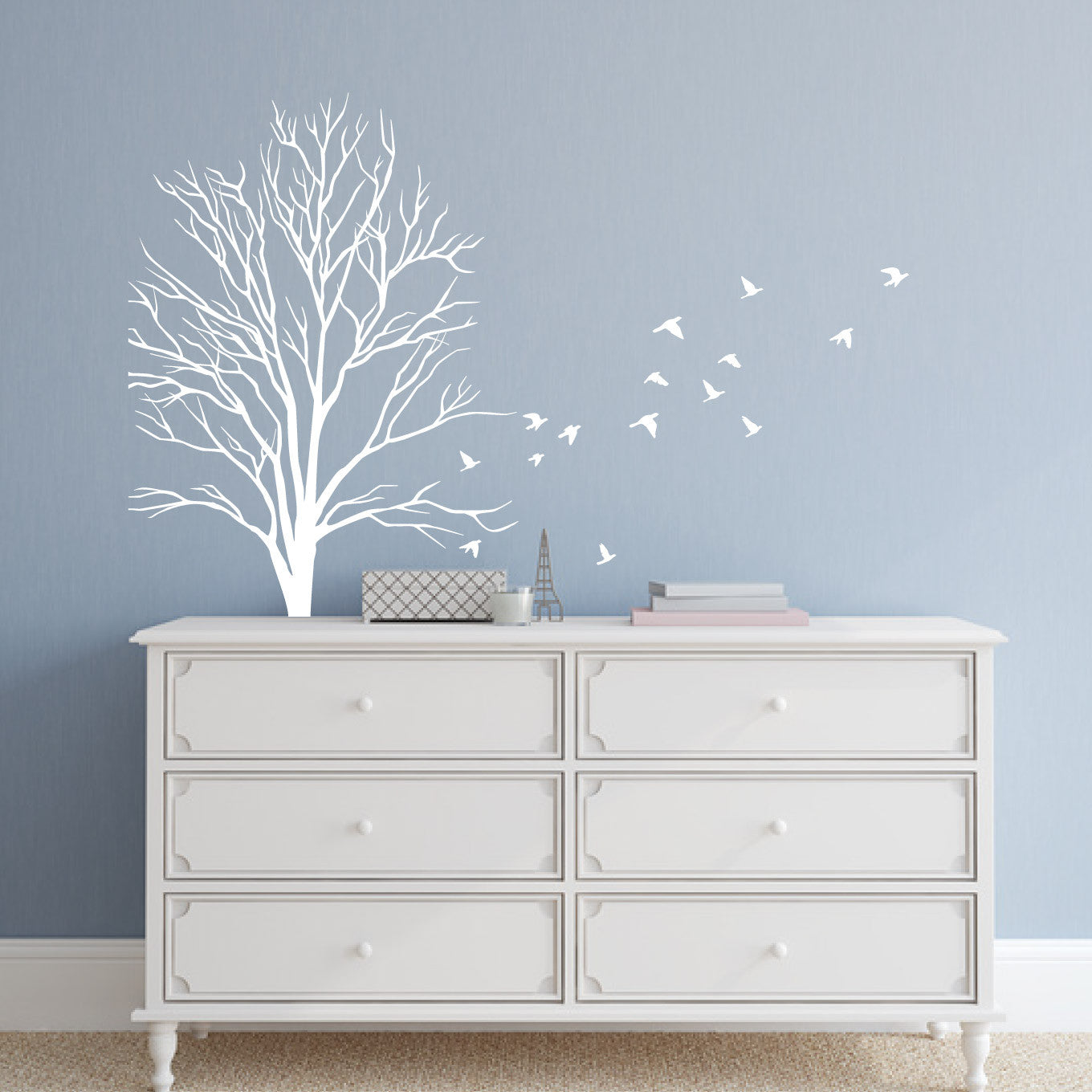Wall Decal Small Tree Design with Flock of Flying Birds