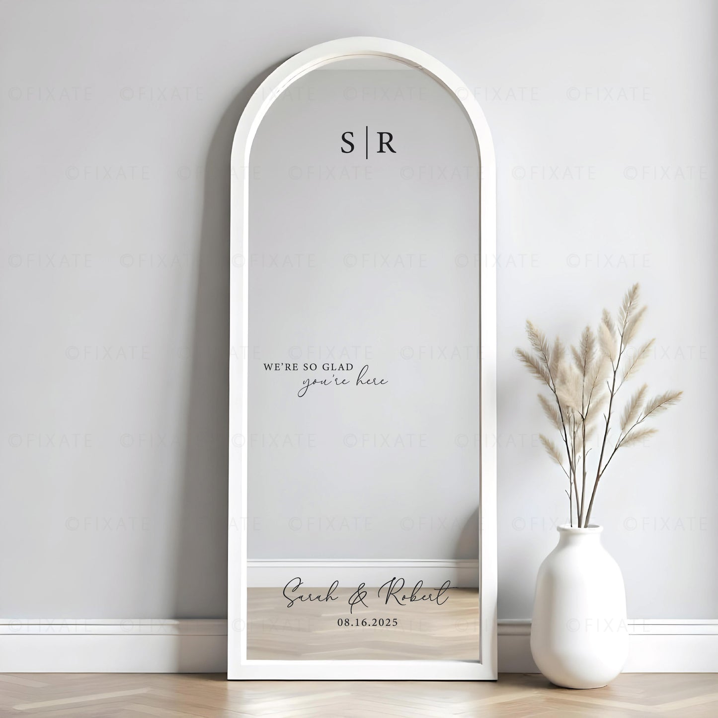 We're so glad you're here wedding mirror decal