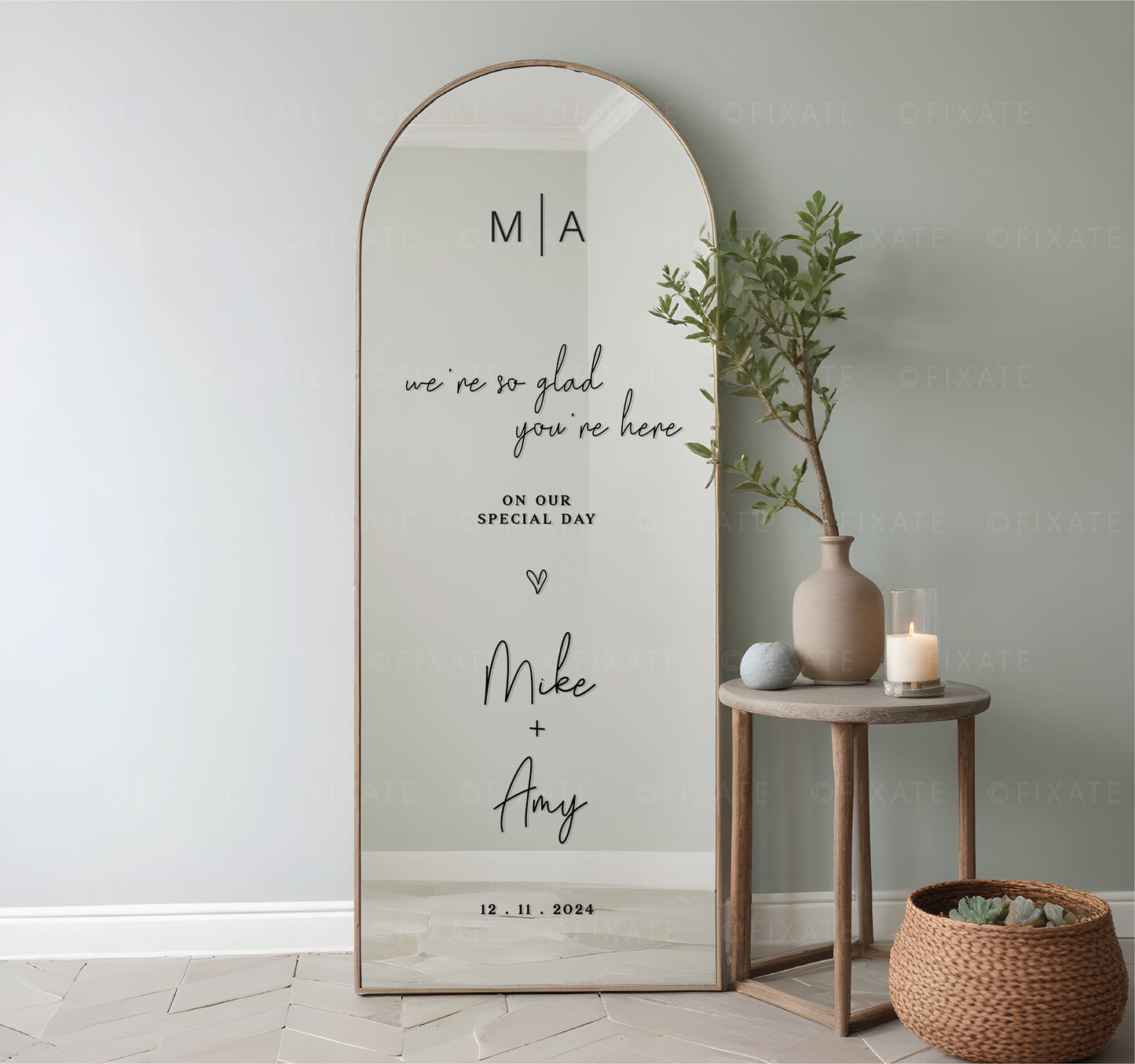 Wedding Welcome Mirror Decal – We're So Glad You're Here Custom Vinyl Sticker with Names and Date