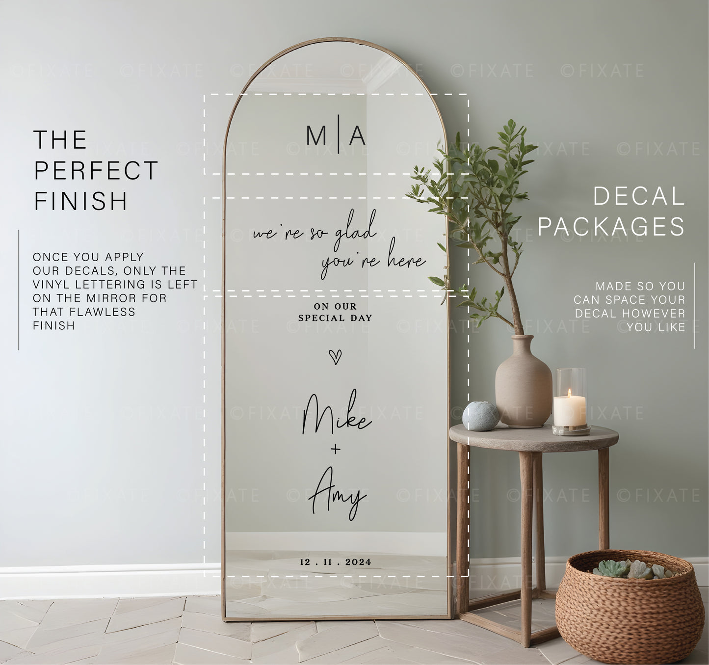 Wedding Welcome Mirror Decal We're So Glad You're Here Custom Vinyl Sticker with Names and Date 09