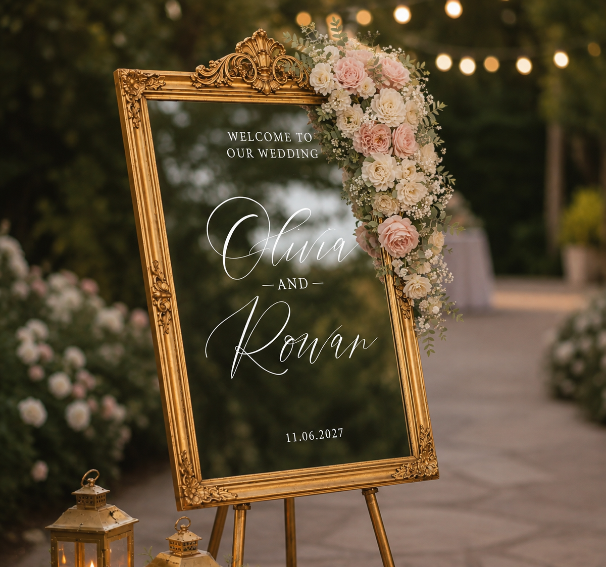 wedding mirror decal on mirror with custom names and date for a personalised wedding welcome sign