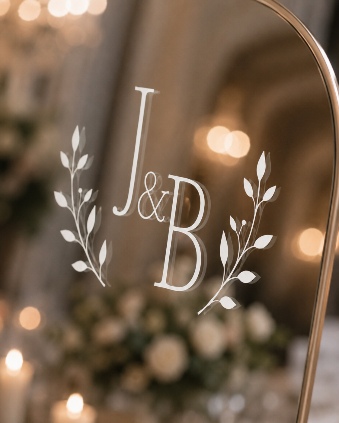 White wedding mirror decal with initials monogram, wreath detail, personalised names and date on arched mirror