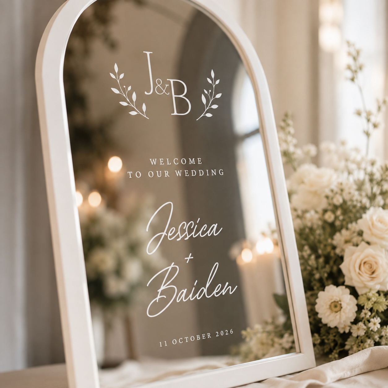 Personalised wedding mirror decal in white with monogram wreath, custom names, date and we’re so glad you’re here wording