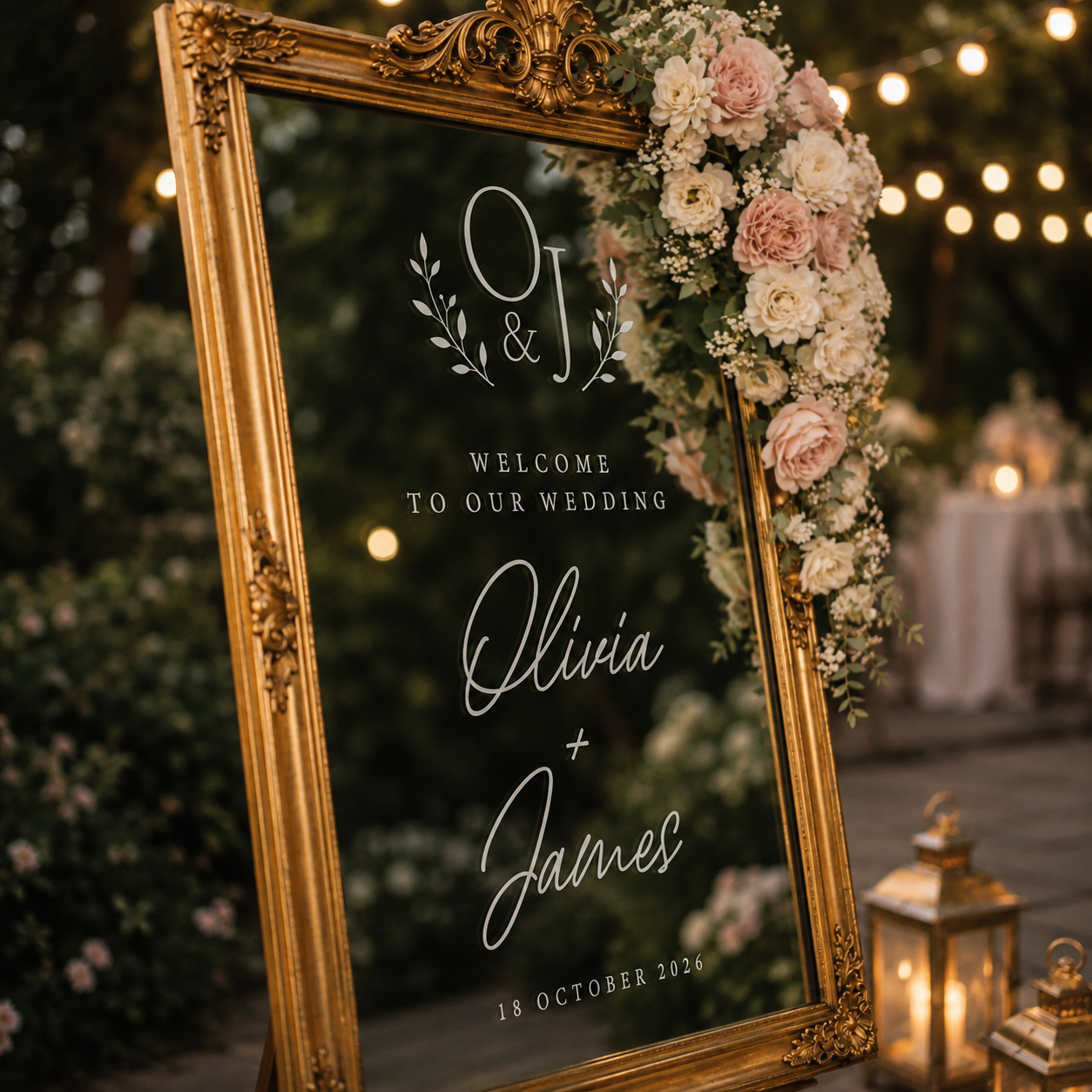 Custom wedding mirror sticker with monogram wreath, names, date and we’re so glad you’re here text