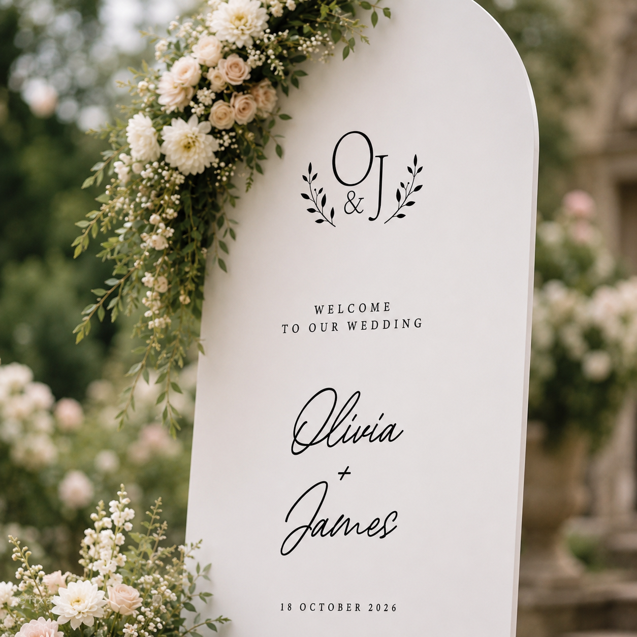 Custom wedding sticker Welcome to our wedding with monogram wreath, names, date and we’re so glad you’re here text