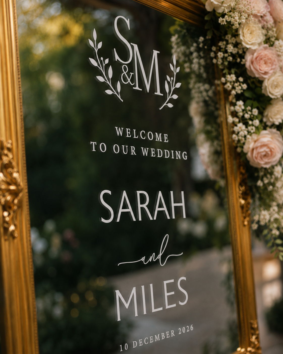 Personalised wedding mirror decal with monogram wreath, welcome to our wedding text, custom names and wedding date