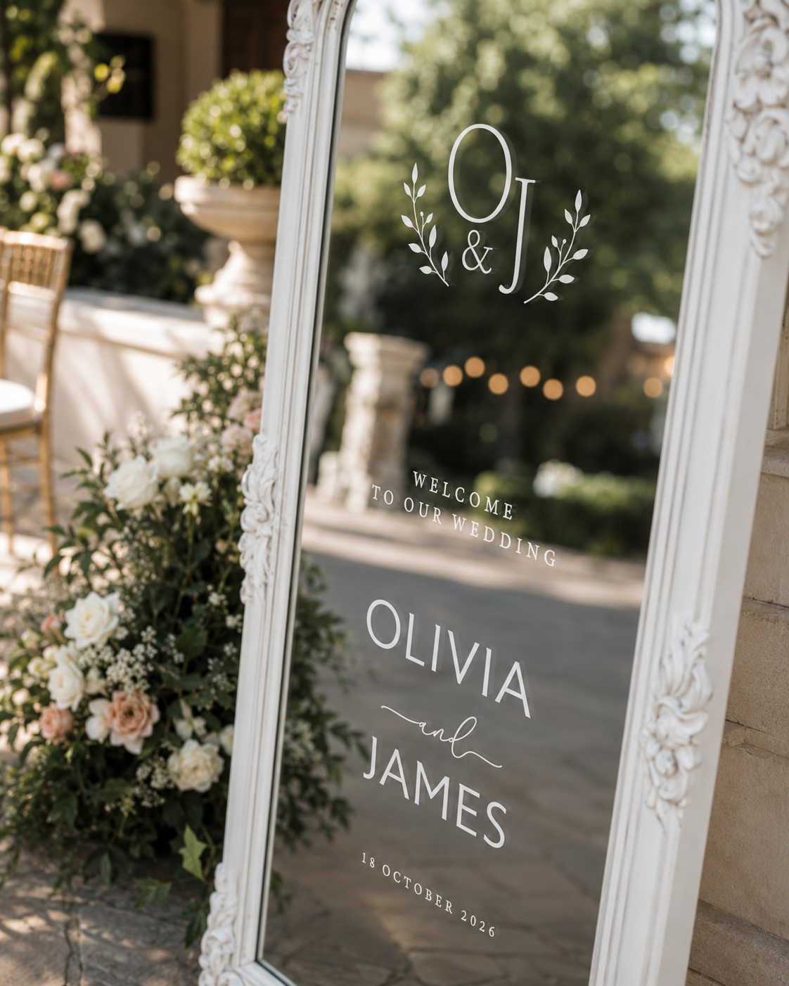 White wedding mirror sticker with monogram wreath, Sarah and Miles names, welcome wording and custom date