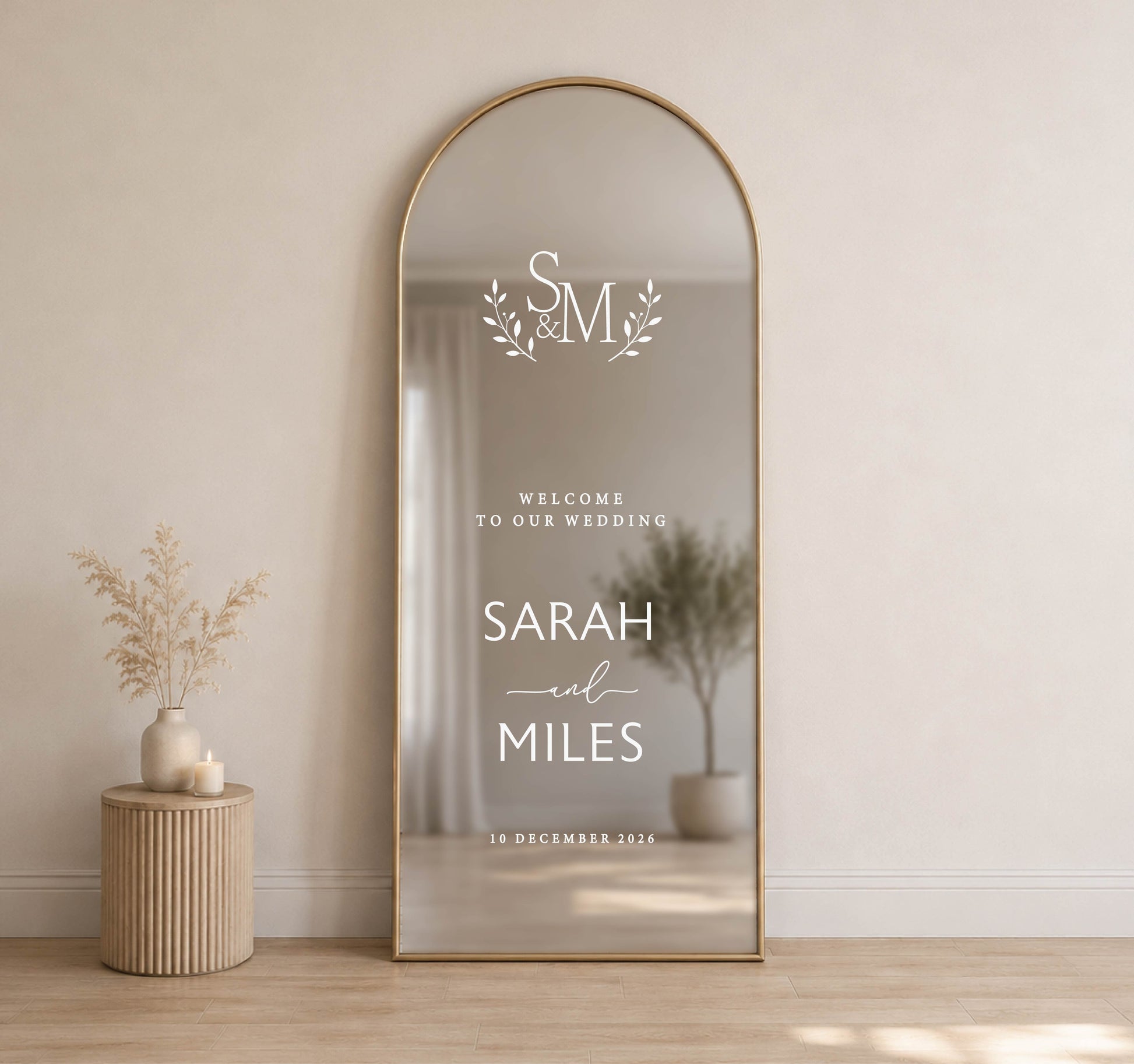 Custom wedding mirror decal with monogram at top, welcome to our wedding text, names and date on arched mirror