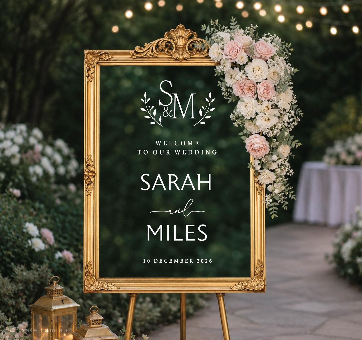 Custom wedding mirror decal with monogram at top, welcome to our wedding text, names and date on arched mirror