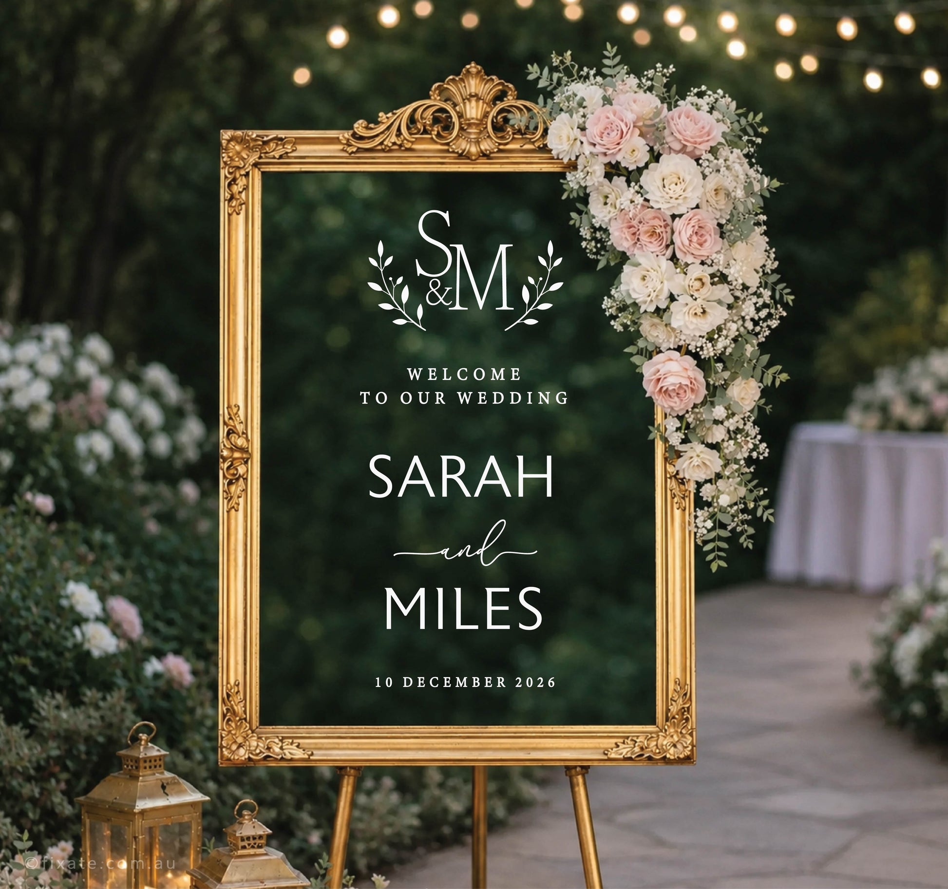 Custom wedding mirror decal with monogram at top, welcome to our wedding text, names and date on arched mirror