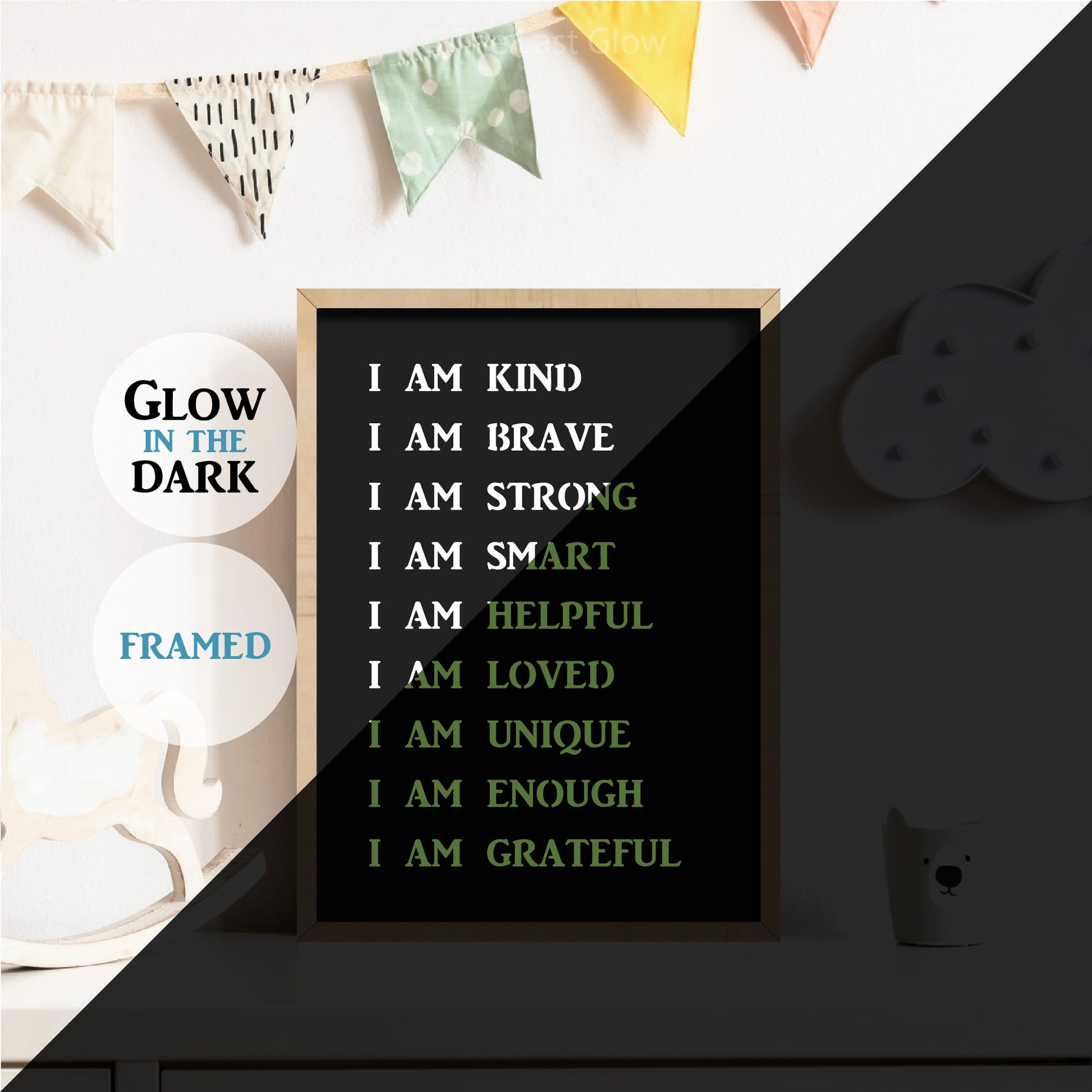 I Am Plaque Glow In The Dark Bedside Decor For Kids Room Positive Affirmation I Am Kind Brave Strong Smart Motivational Sign Night Light