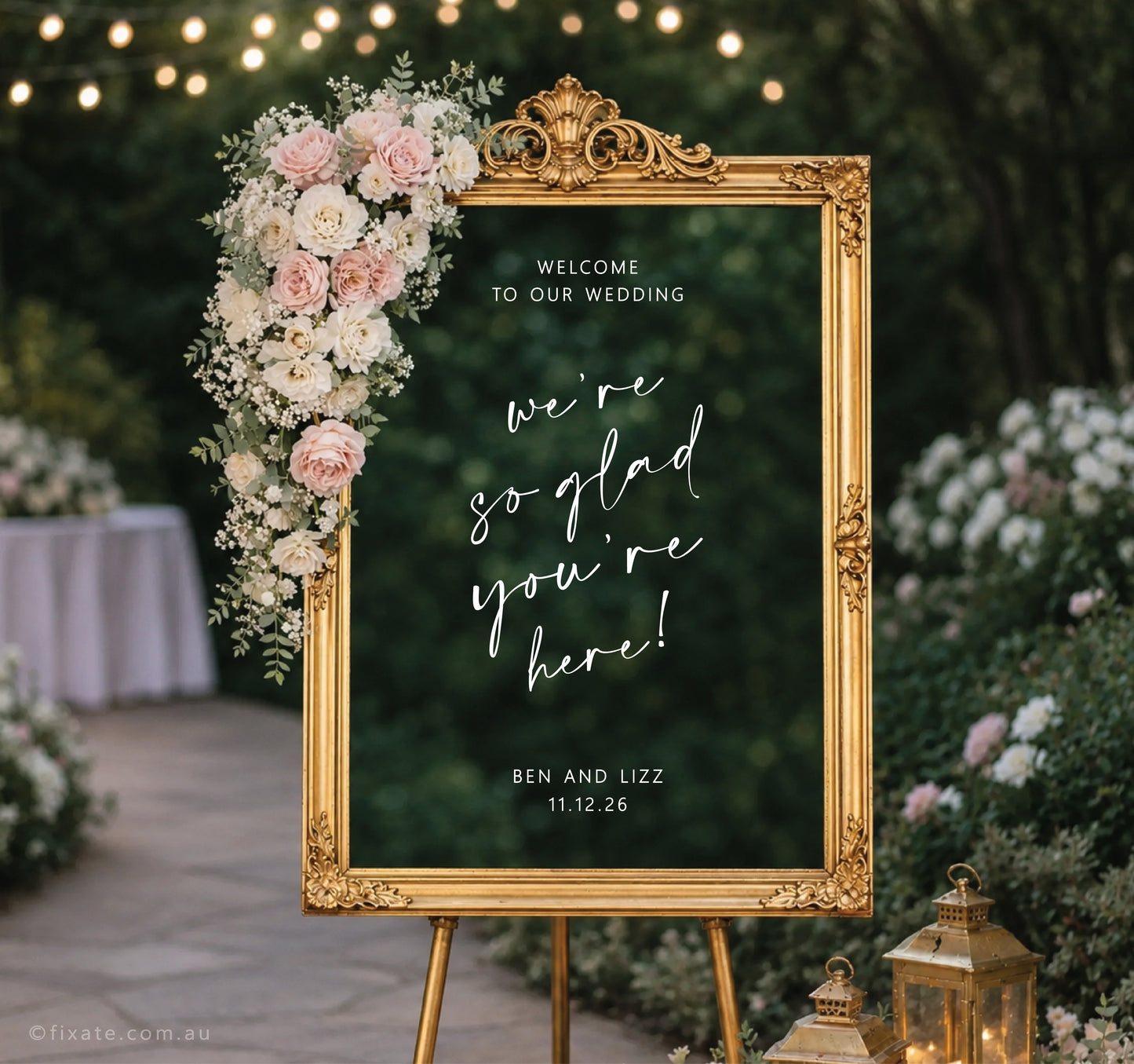 Custom wedding mirror decal on mirror with personalised names and date for wedding welcome sign