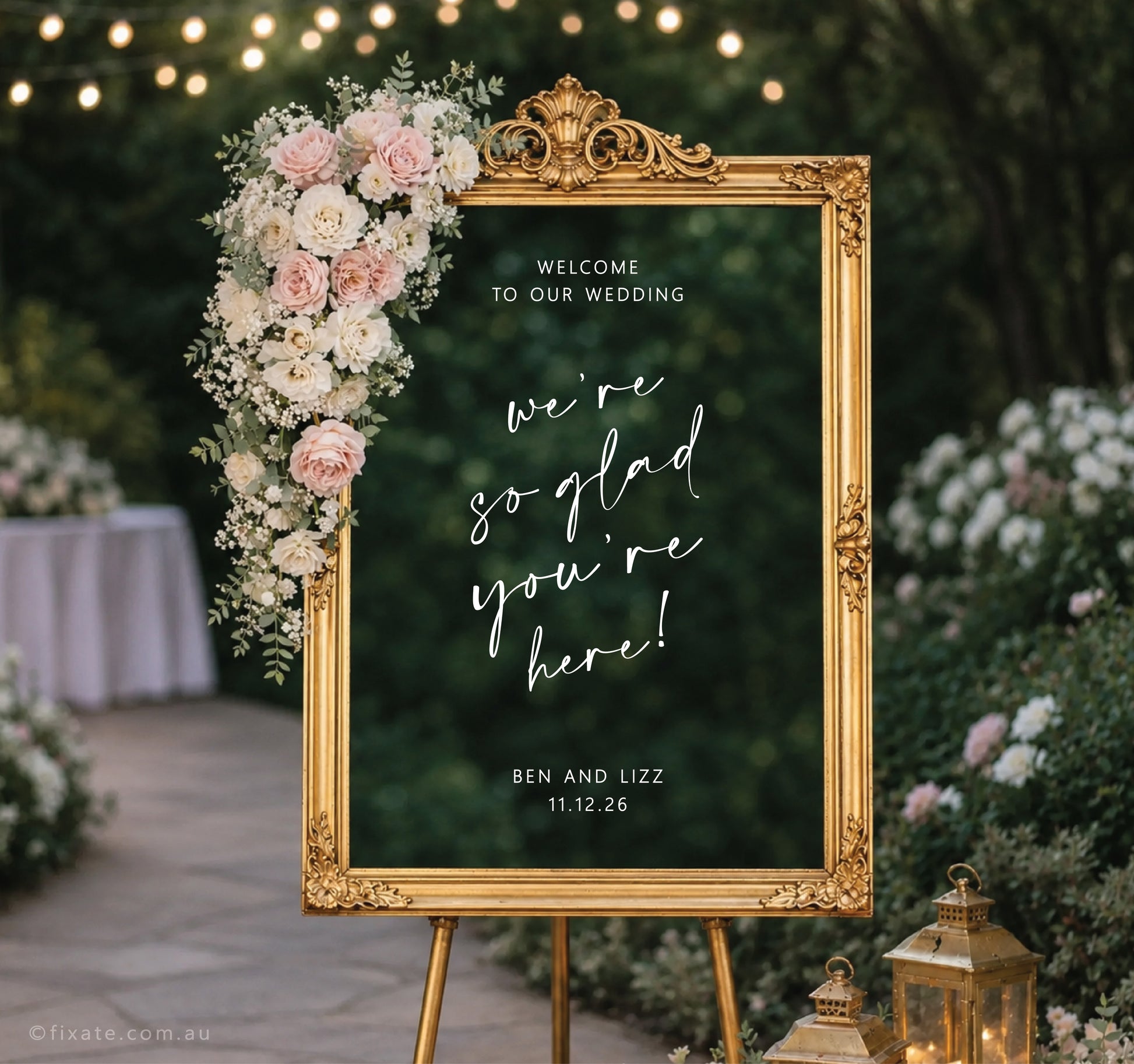 Custom wedding mirror decal on mirror with personalised names and date for wedding welcome sign