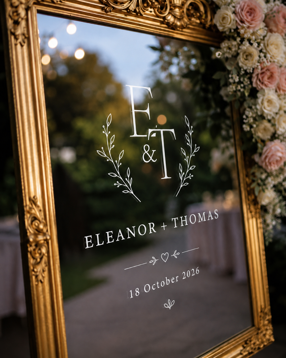 Personalized wedding mirror decal with wreath monogram, custom names, date and heart detail on ornate gold mirror