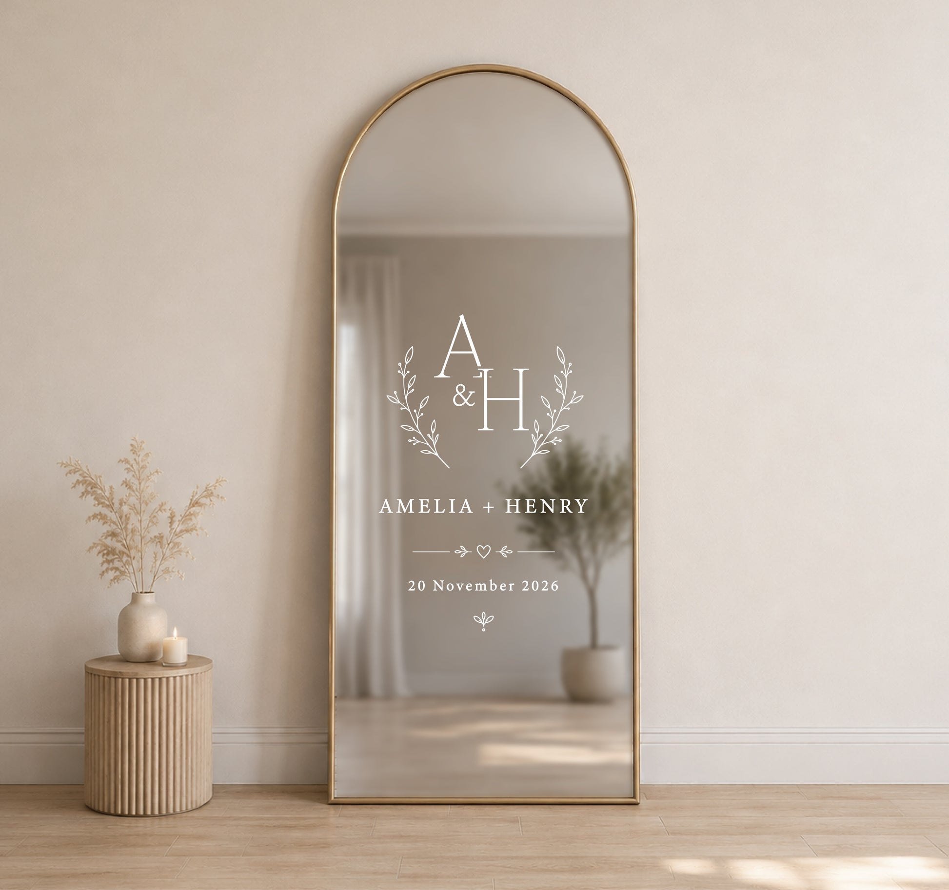 Wedding mirror decal with wreath initials monogram, personalised names and date on elegant gold mirror