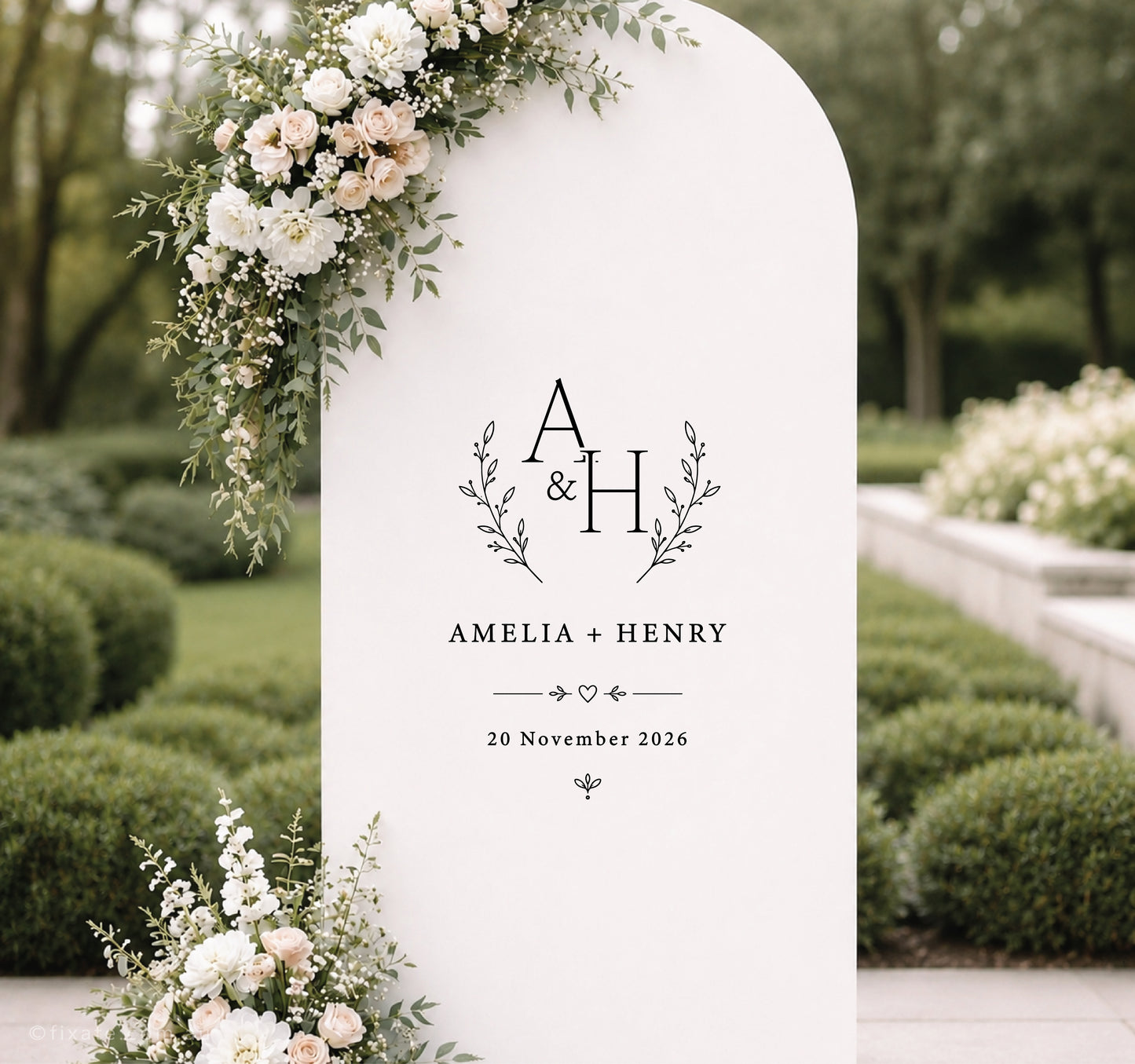 Wedding mirror decal with botanical initials monogram, personalised names and date