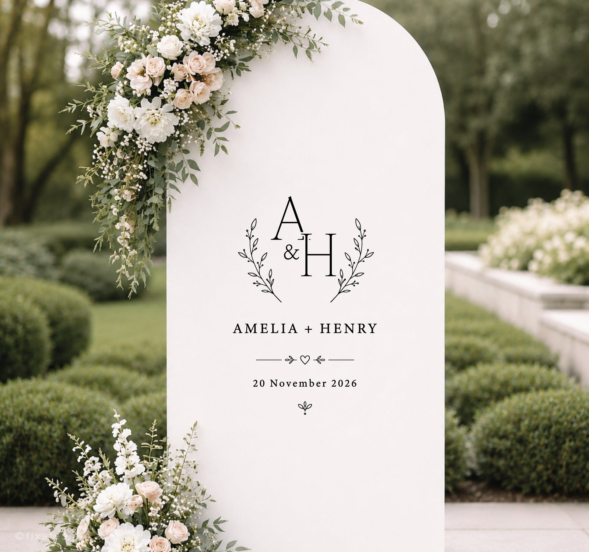 Wedding mirror decal with botanical initials monogram, personalised names and date
