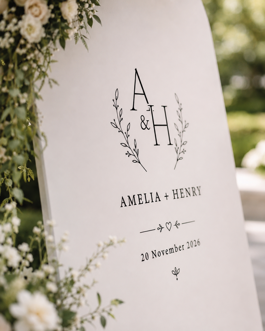 Black Personalised wedding mirror decal with wreath monogram, custom names, date and heart detail on white wedding sign