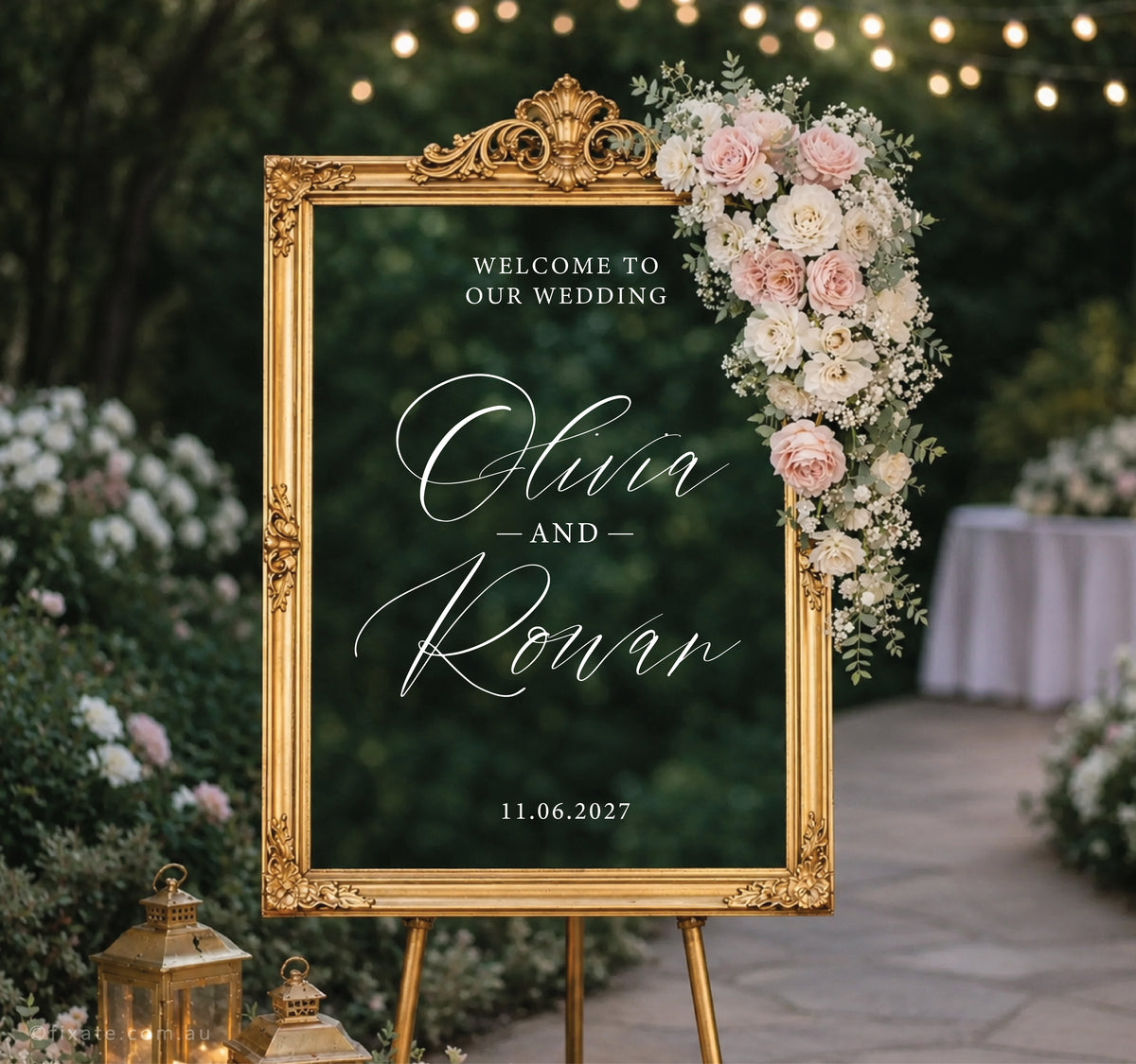 Custom wedding mirror sticker on arched mirror with names and date for modern wedding welcome sign