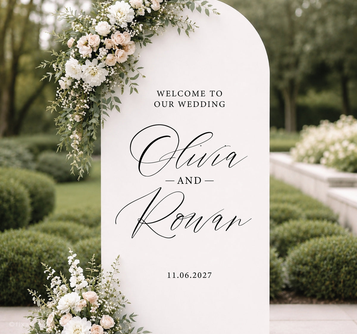 wedding mirror decal on arched mirror with custom names and date for a personalised wedding welcome sign