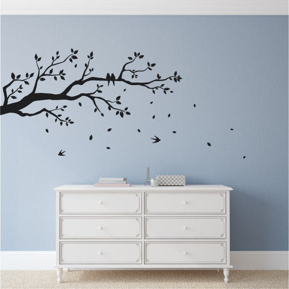 Tree Branch Wall Sticker Design with Perched Birds and Leaves Falling