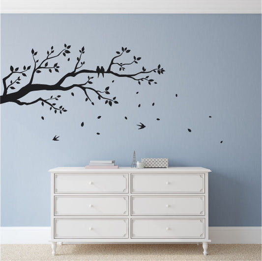 Tree Branch Wall Sticker Design with Perched Birds and Leaves Falling