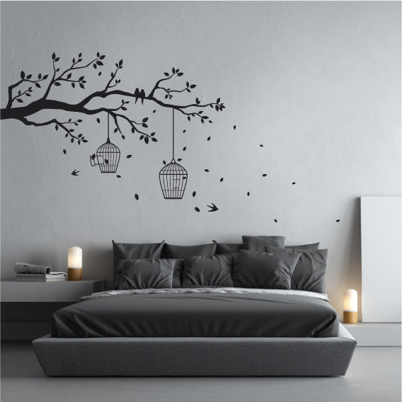 Tree Branch Wall Sticker Design with Perched Birds, Leaves and bird cages