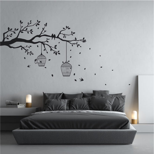Tree Branch Wall Sticker Design with Perched Birds, Leaves and bird cages