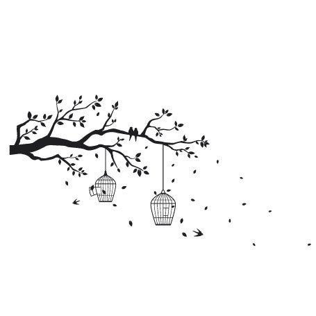 Tree Branch Wall Sticker Design with Perched Birds, Leaves and bird cages